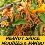 Noodles with peanut sauce and spinach are lifted with tongs.