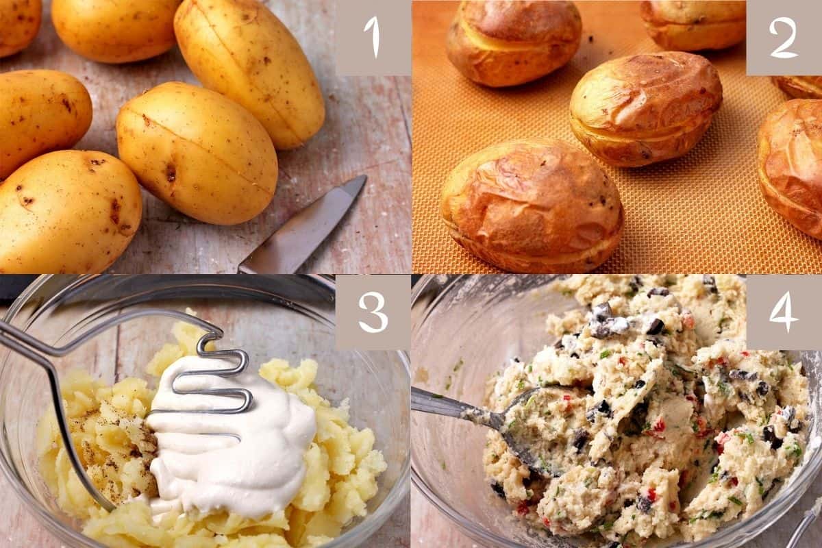4 pictures demonstrate how to make vegan twice baked potatoes