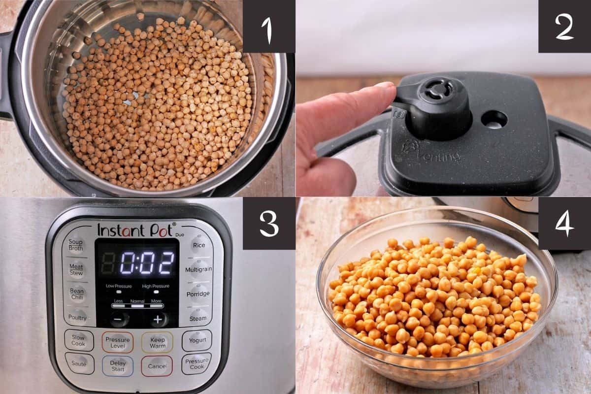 4 pictures demonstrate how to quick-soak chickpeas in the Instant Pot.