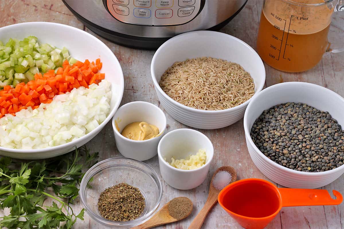 The ingredients for making brown basmati rice and French lentils in the Instant Pot.