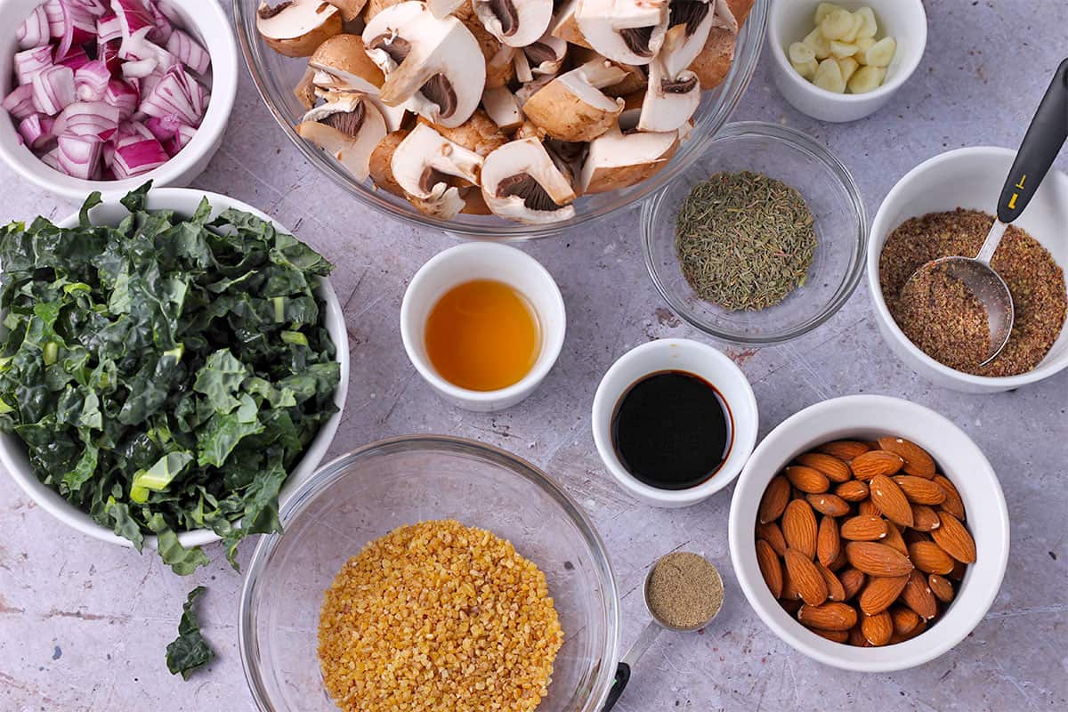 The ingredients for mushroom kale burgers are laid out.