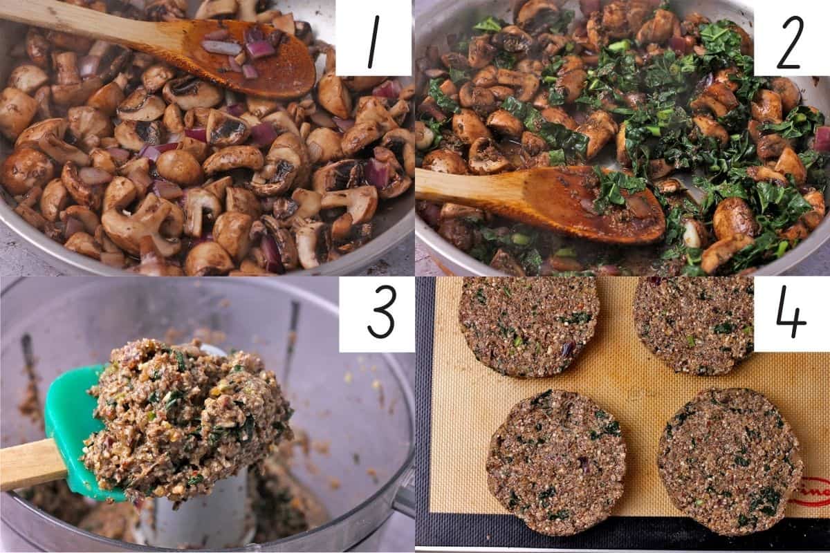 The process of how to make mushroom and kale burgers in 4 pictures.