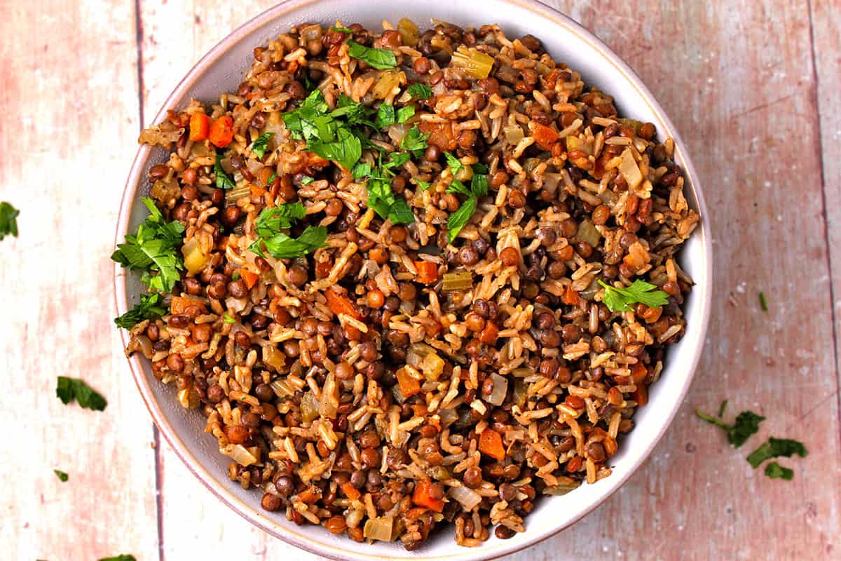 A bowl filled with cooked brown rice and French lentils.