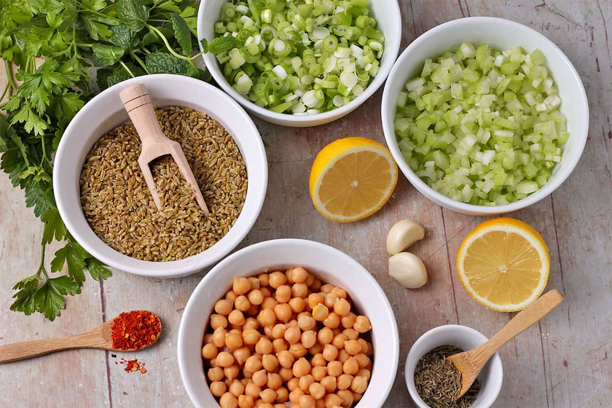 The ingredients for lemon freekeh salad with chickpeas.
