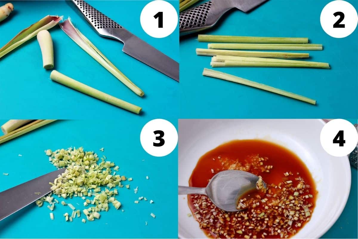 4 pictures show how to mince lemongrass and make marinade.