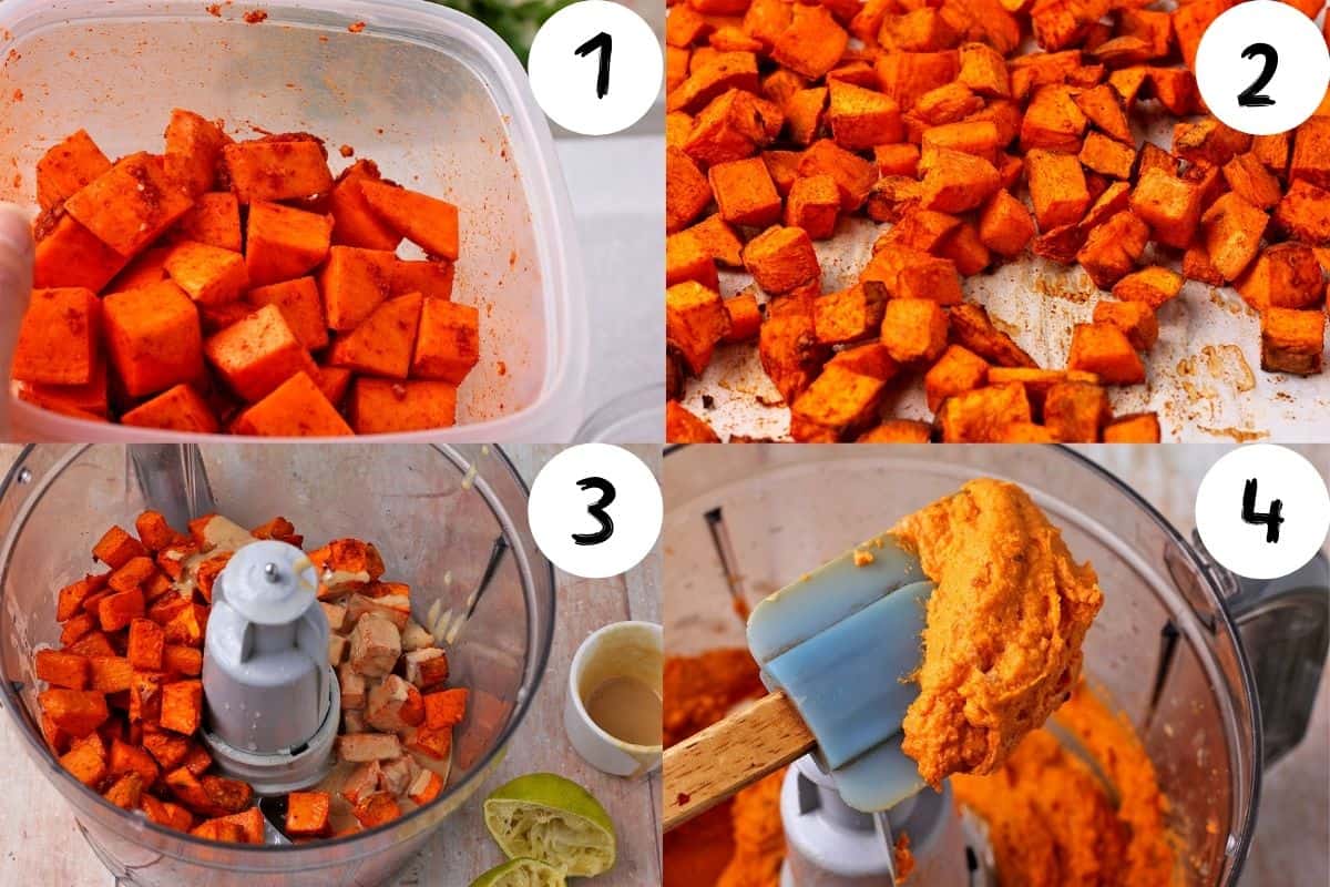4 pictures demonstrate how to roast sweet potatoes and make dip.