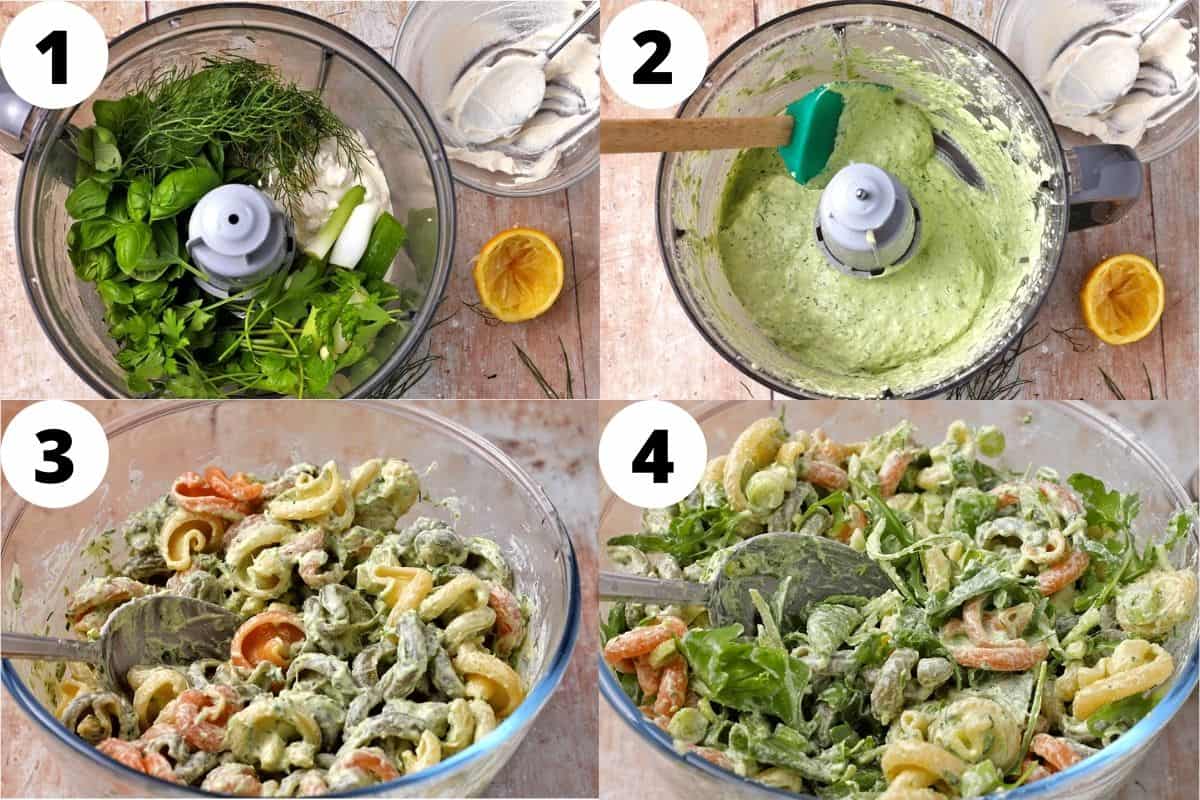 How to make green goddess salad dressing and make pasta salad with vegetables.