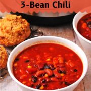 Chili in a bowl with the Instant Pot and text overlay of recipe title.