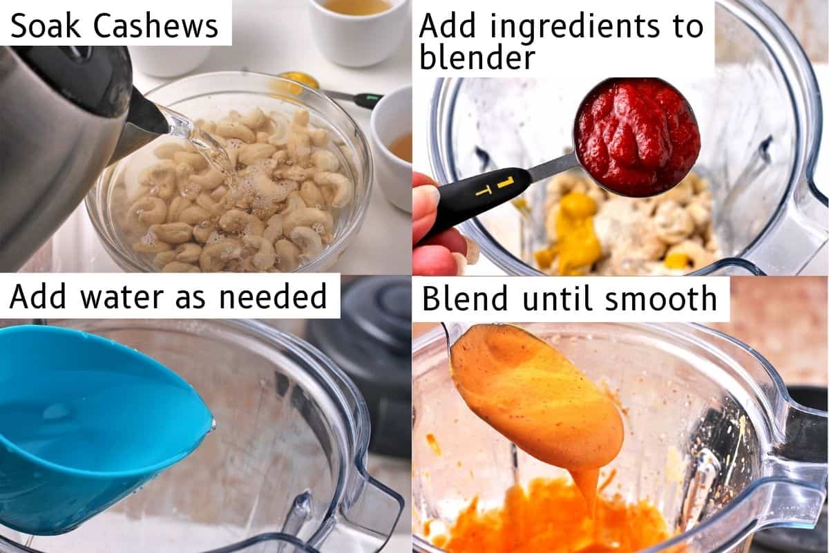4 pictures demonstrate how to make vegan sriracha mayo.
