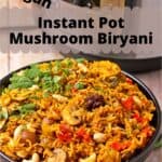 A bowl filled with mushroom biryani topped with whole star anise.