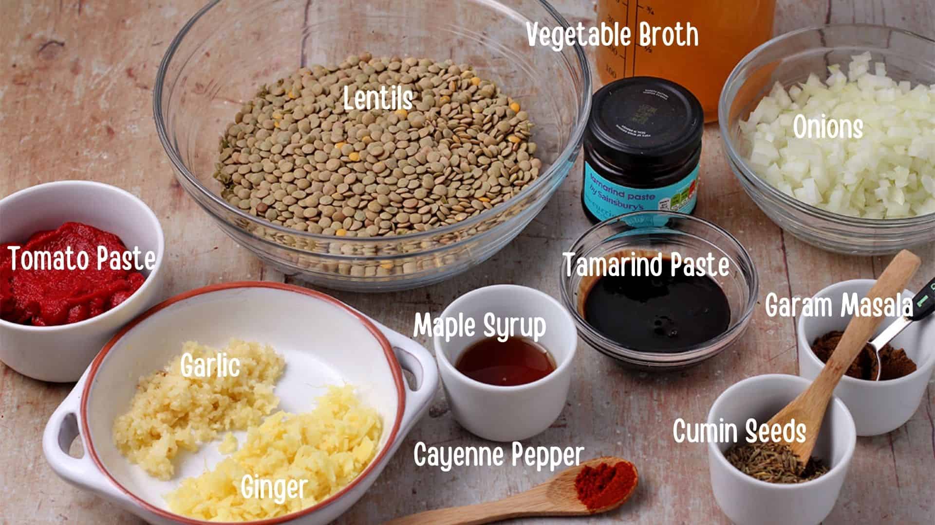 The ingredients for tamarind lentils with captions.