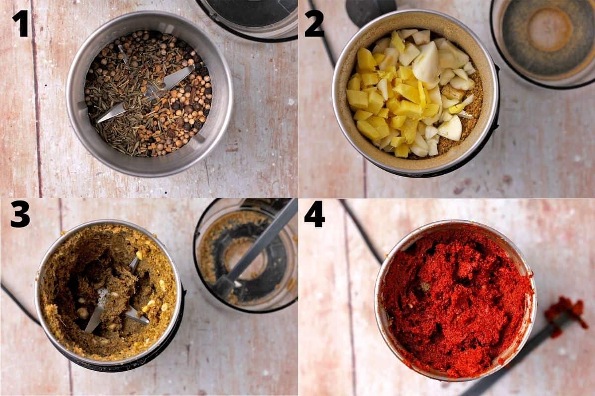 The steps to make homemade vindaloo paste in a spice grinder in 4 separate pictures.