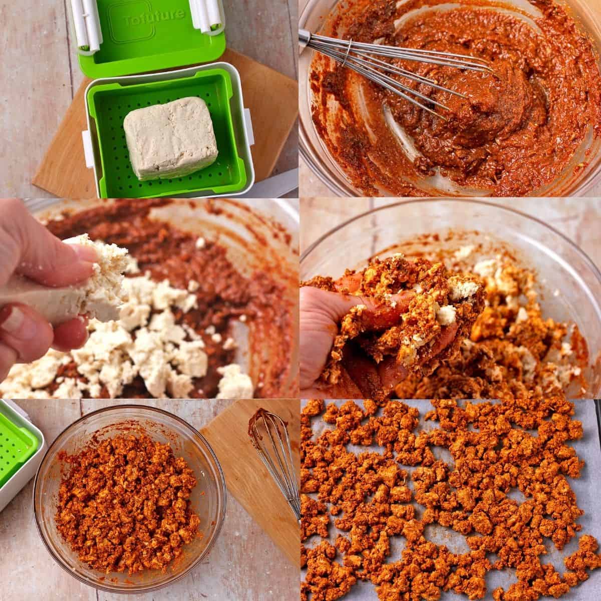 Pictures demonstrate how to make vegan tofu sausage crumbles.