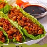 Lettuce wraps filled with vegan bulgur filling with water chestnuts, green onions, and topped with firecracker dipping sauce.