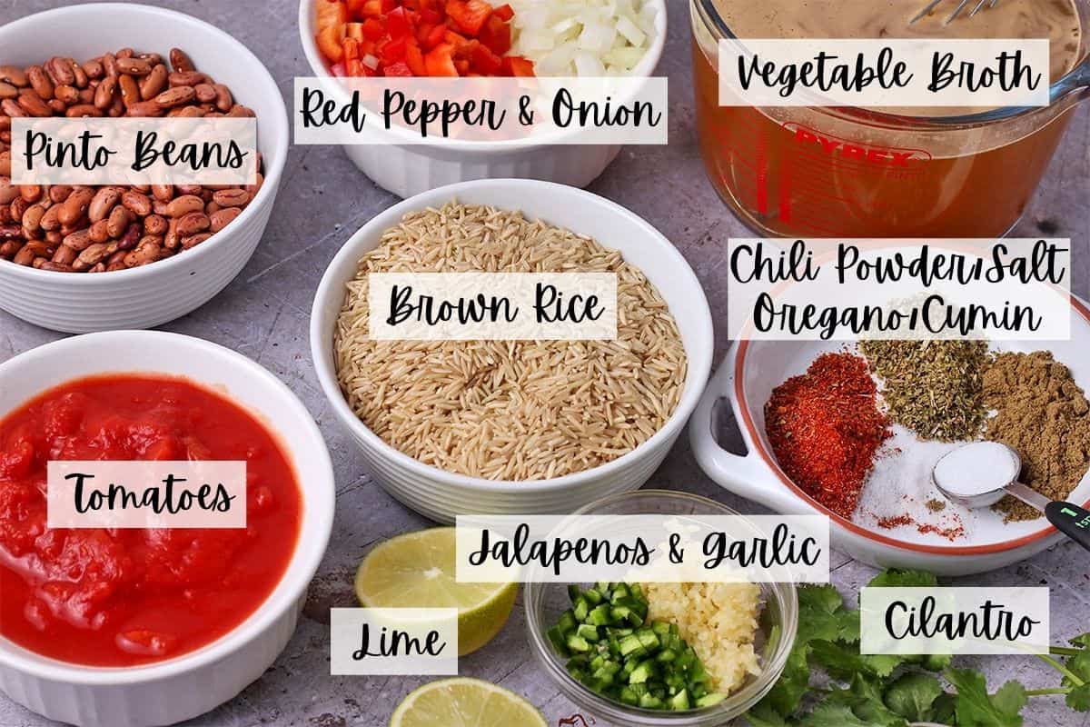 Ingredients: tomatoes, lime, cilantro, jalapenos, garlic, brown rice, pinto beans, red pepper, onions, vegetable broth, and spices.