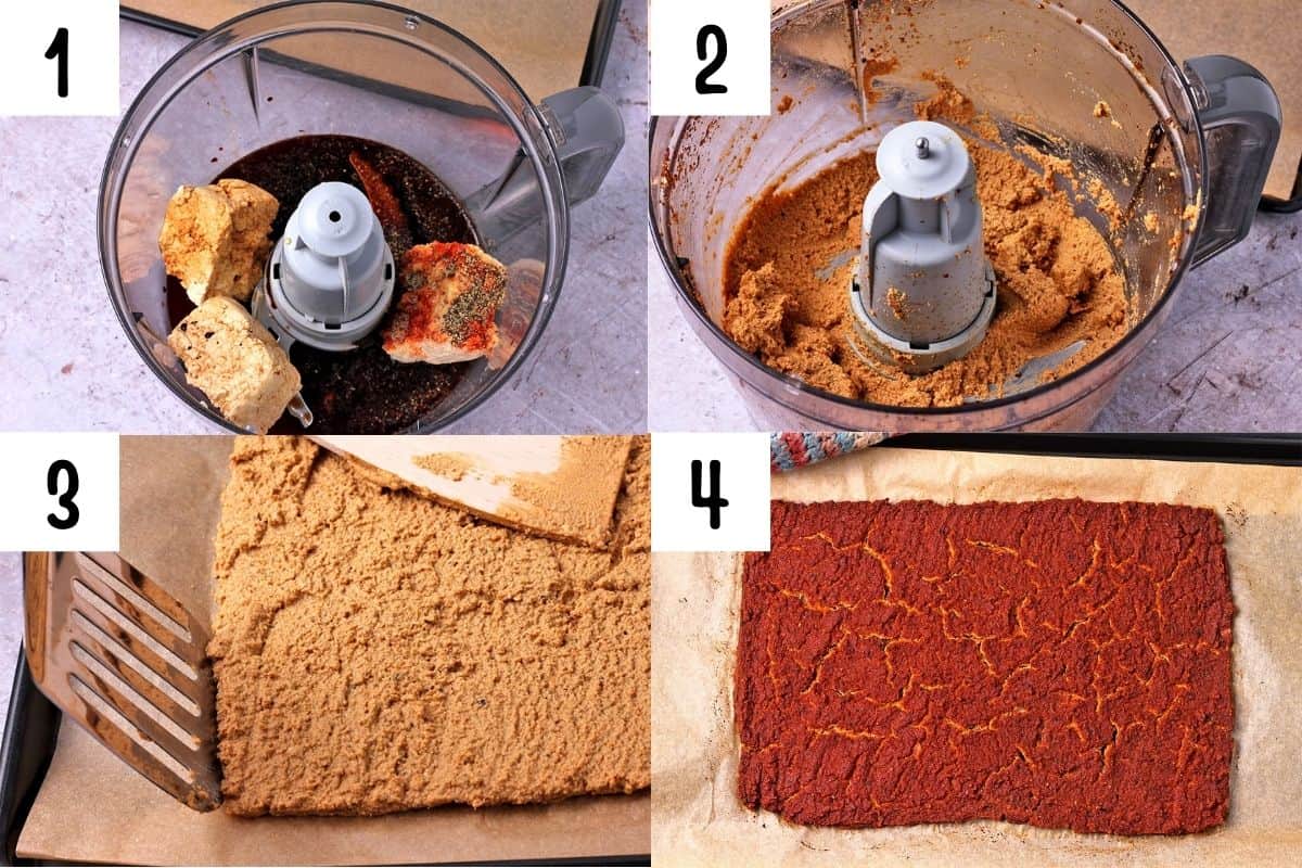 Tofu and ingredients blended in food processor, spread on a baking sheet, and baked.