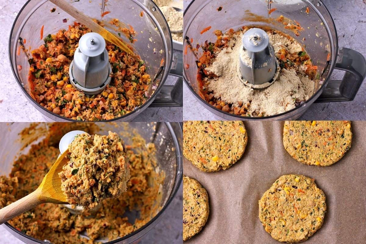 Chickpea burger mixture is made in a food processor and patties are formed.