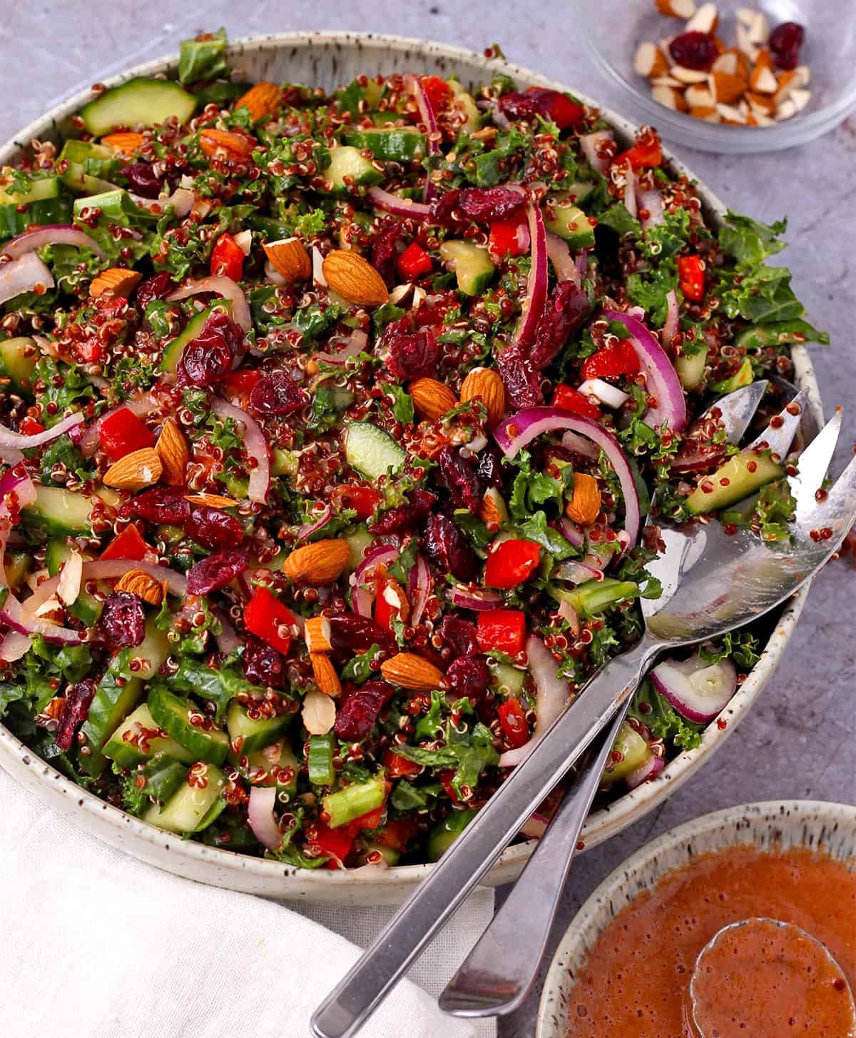 A bowl filled with a salad of quinoa, kale, cranberries, almonds, red peppers, and red onion with a bowl of tomato dressing.