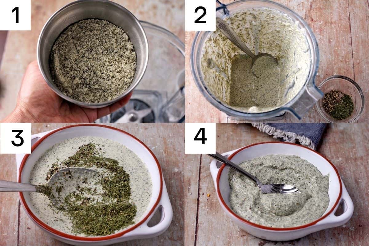 Pepita dressing is made by grinding pepitas, blending we ingredients, and mixing in dried dill and black pepper.