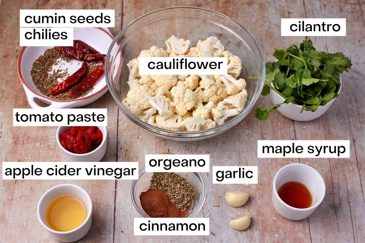 The ingredients for barbacoa cauliflower are labeled.