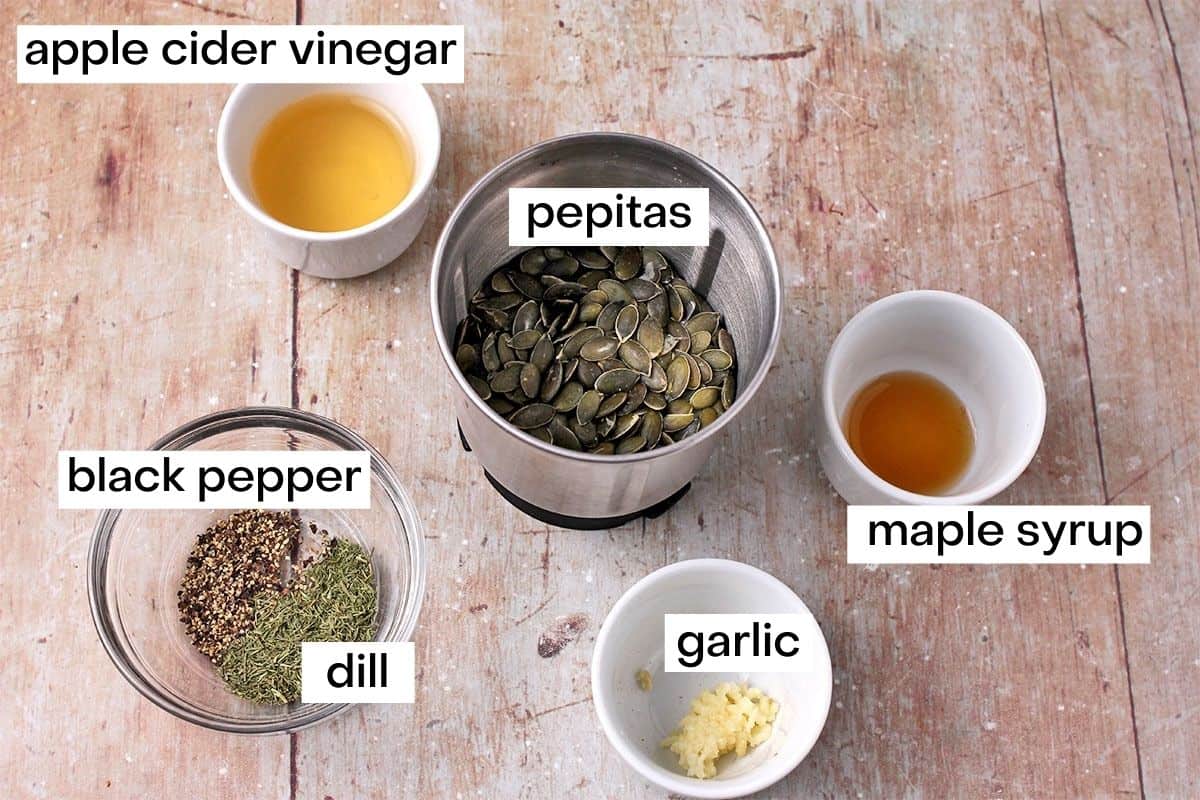 The ingredients for pepita dressing are gathered and labeled.