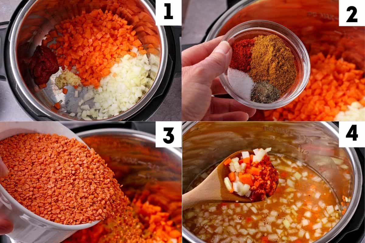 Ingredients are placed in the Instant Pot to make red lentil soup.
