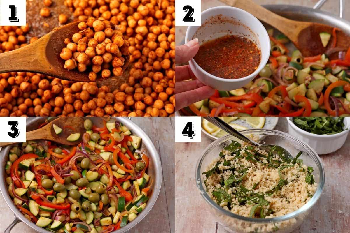 Chickpeas are toasted, dressing and olives are added to cooked vegetables, and couscous with mint in a glass bowl.