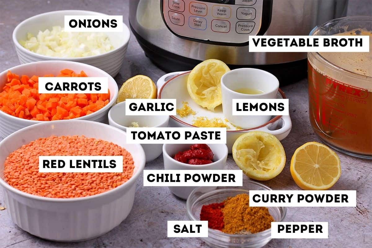 Red lentil soup ingredients with labels.