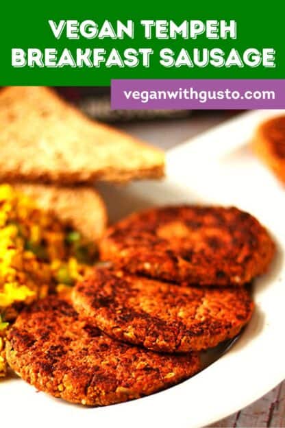 3 sausage patties on a plate with scrambled tofu and text of the recipe title.