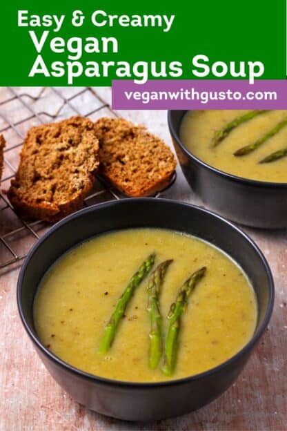 Vegan cream of asparagus soup with recipe title in text.