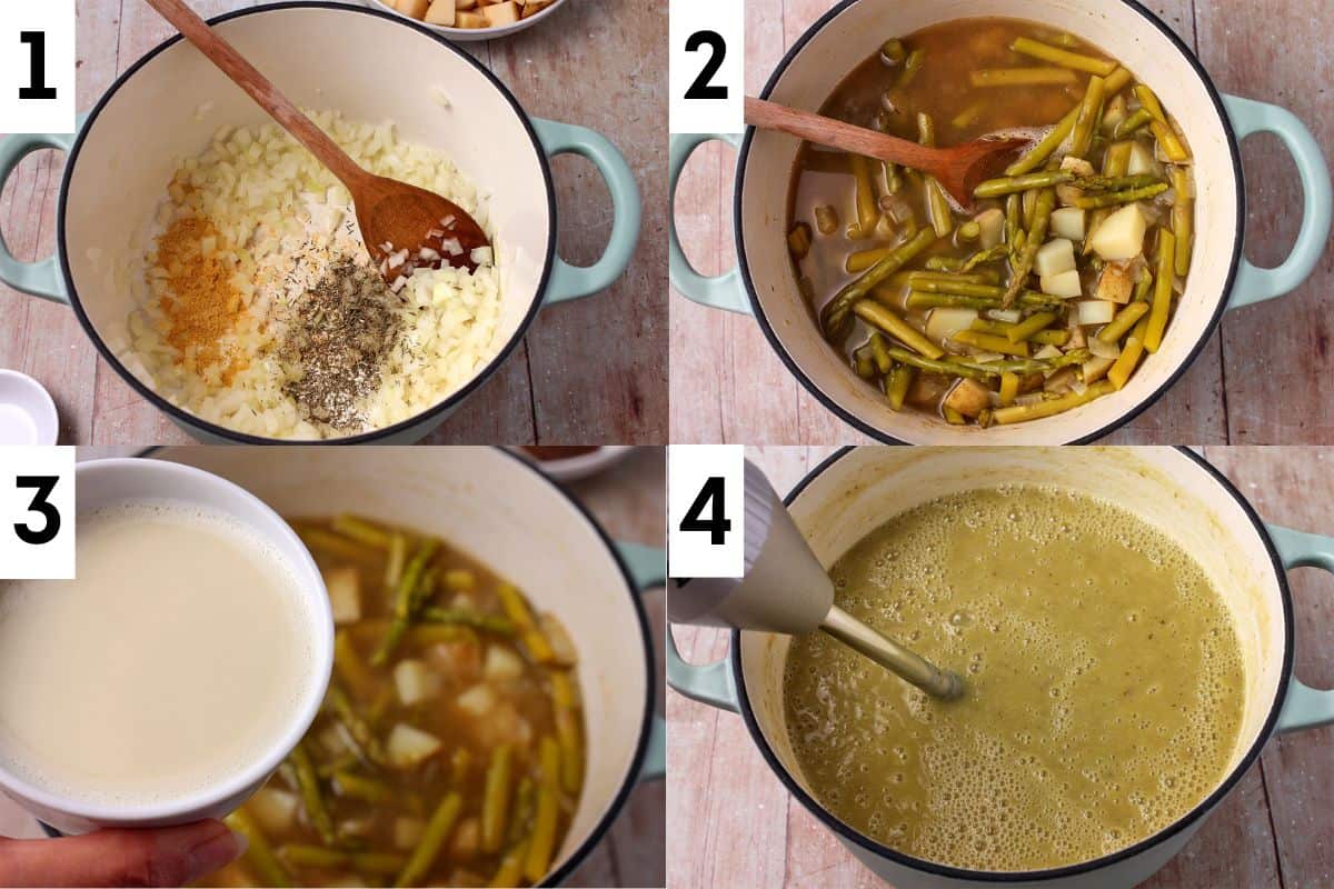 Creamy asparagus soup is made in 4 steps.