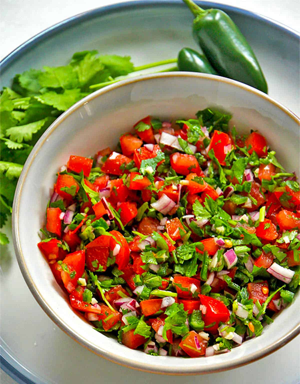 Pico de gallo with tomatoes, cilantro, onions, and jalapenos in a bowl.