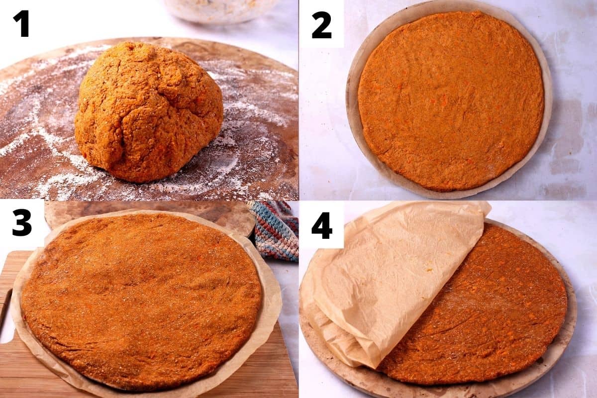 Steps for making and flipping vegan sweet potato pizza crust.
