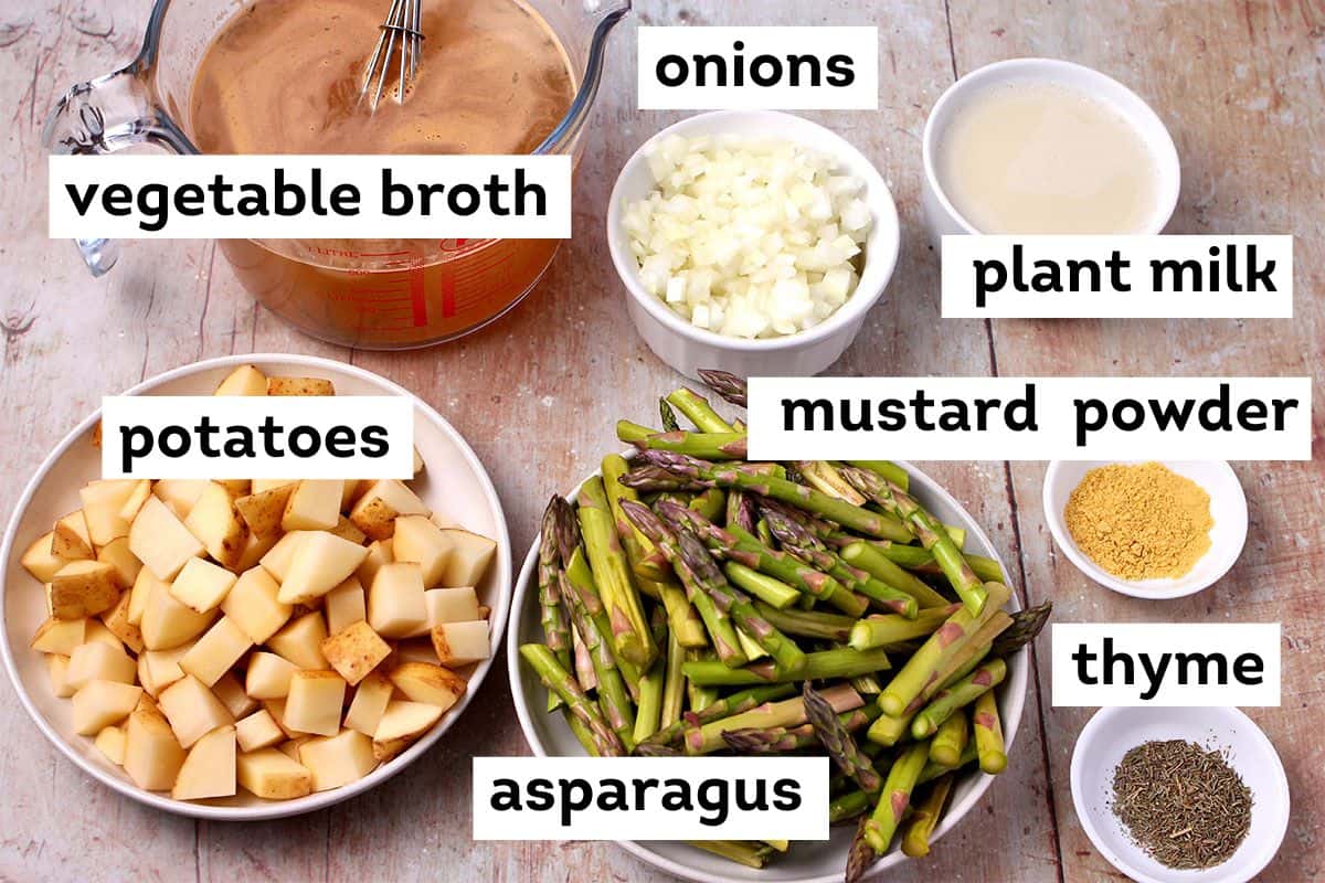 Asparagus spears, diced potatoes, thyme, mustard powder, vegetable broth, onions, and plant milk.
