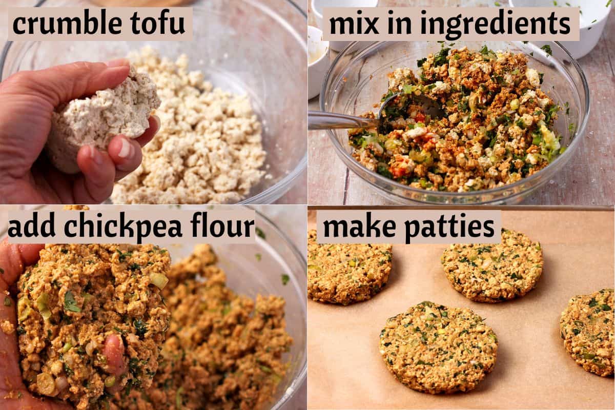 Tofu is crumbled, burger mixture is made, and patties are put on a baking tray.