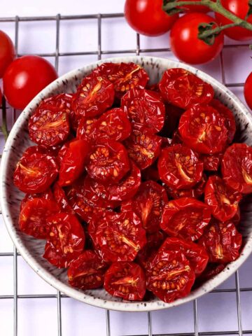 Overhead view of homemade sun-dried tomatoes without oil.