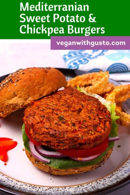 Mediterranean sweet potato and chickpea burger patty is on a bun.