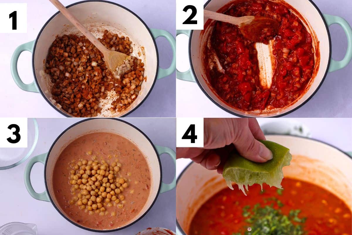 Making coconut chickpea curry in four steps.