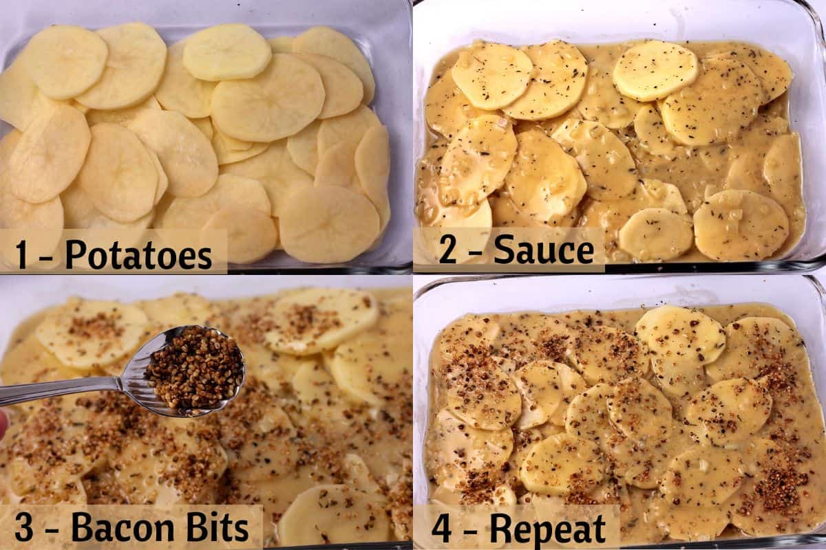 Sliced potatoes are layered in a dish with sauce and bacon bits added.