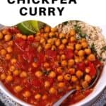 Coconut chickpea curry in a bowl with rice and text overlay.