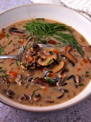Wild rice mushroom soup with fresh chives and dill in a bowl with a spoon.