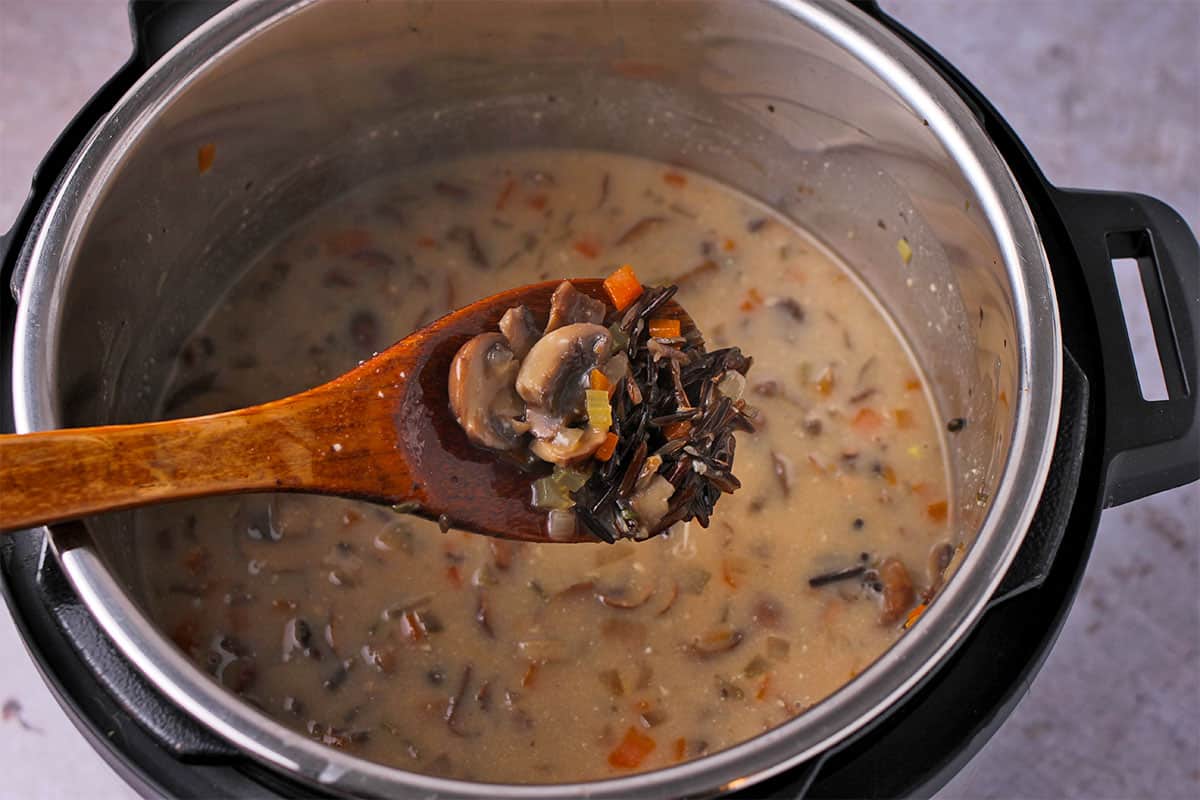 Cooked wild rice mushroom soup in the Instant Pot.