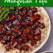 A plate of Mongolian tofu with text overlay.