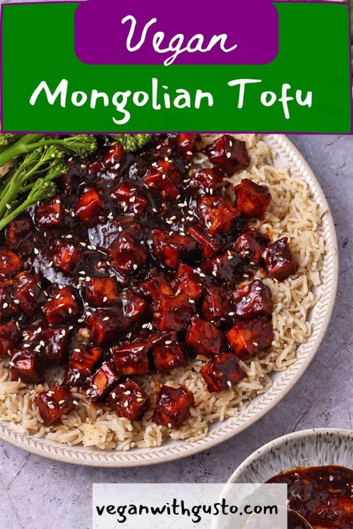 A plate of Mongolian tofu with text overlay.