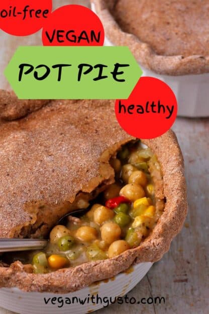 Vegan pot pie in a white dish.