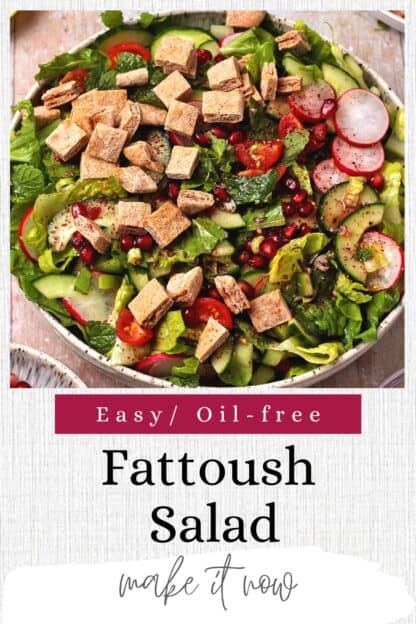 A bowl of Fattoush salad with recipe title text.