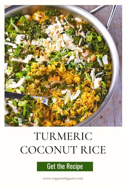 Turmeric coconut rice in a pan with a spoon.