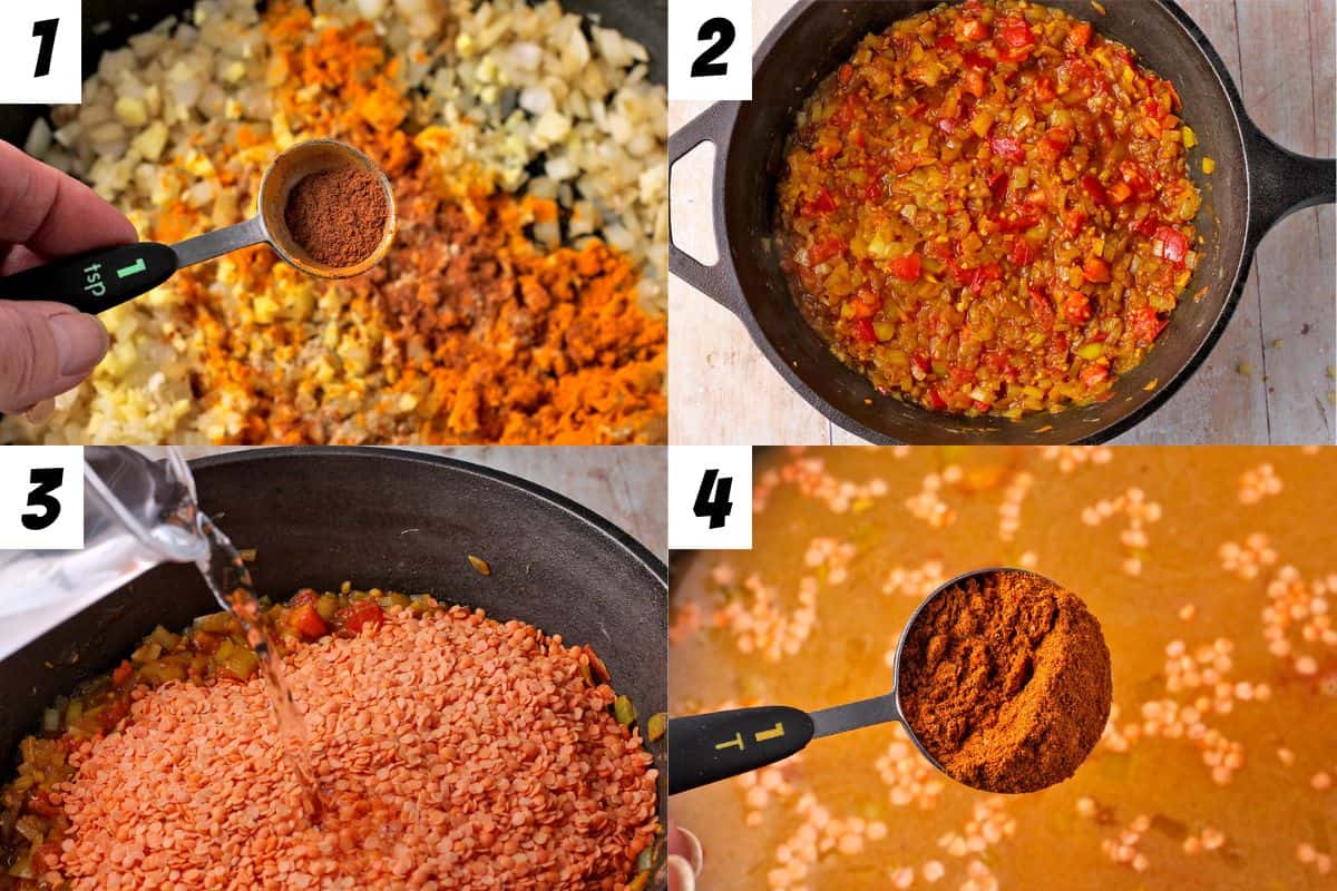Ethiopian red lentil stew is made in 4 steps.