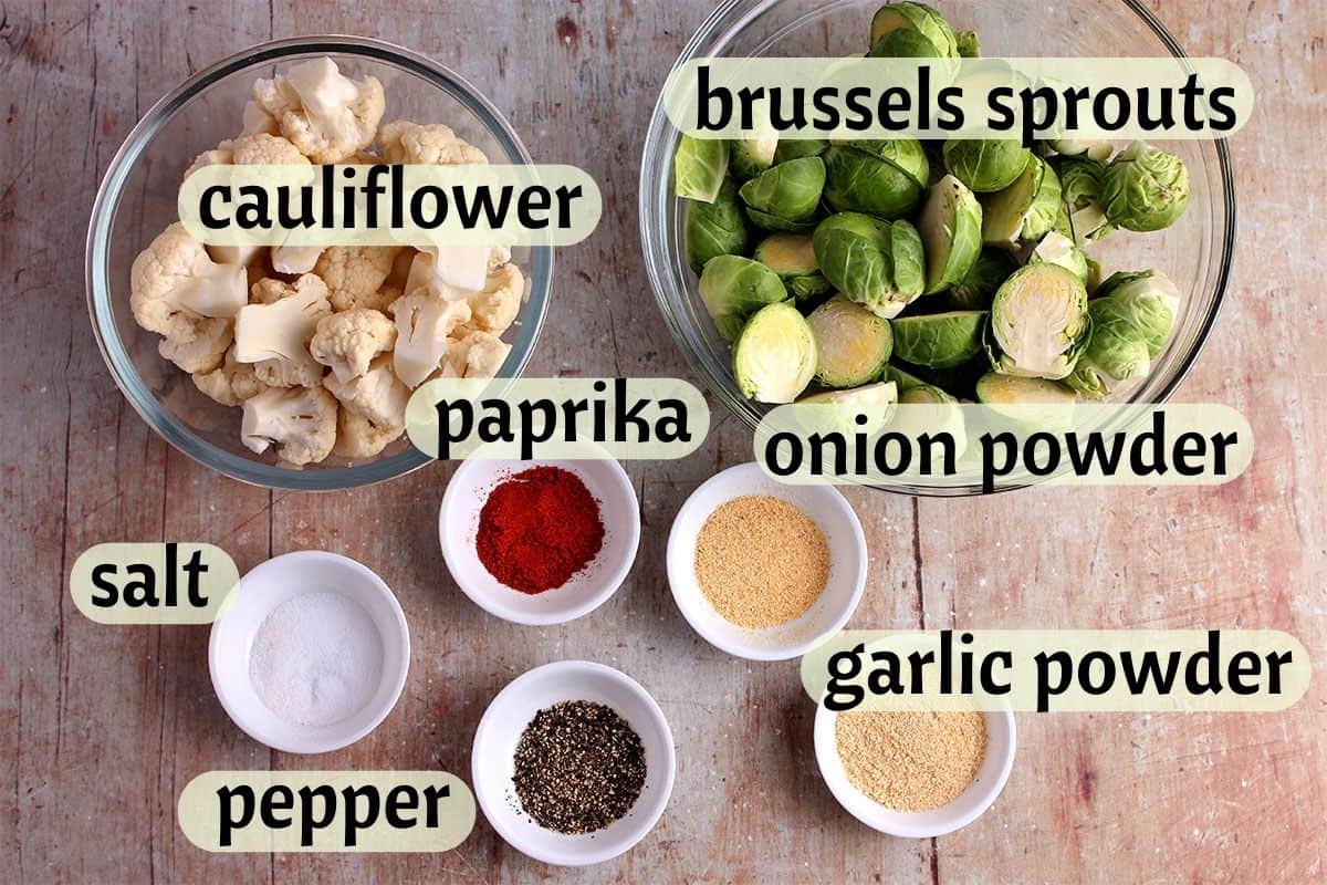 The ingredients for roasted cauliflower and brussels sprouts.