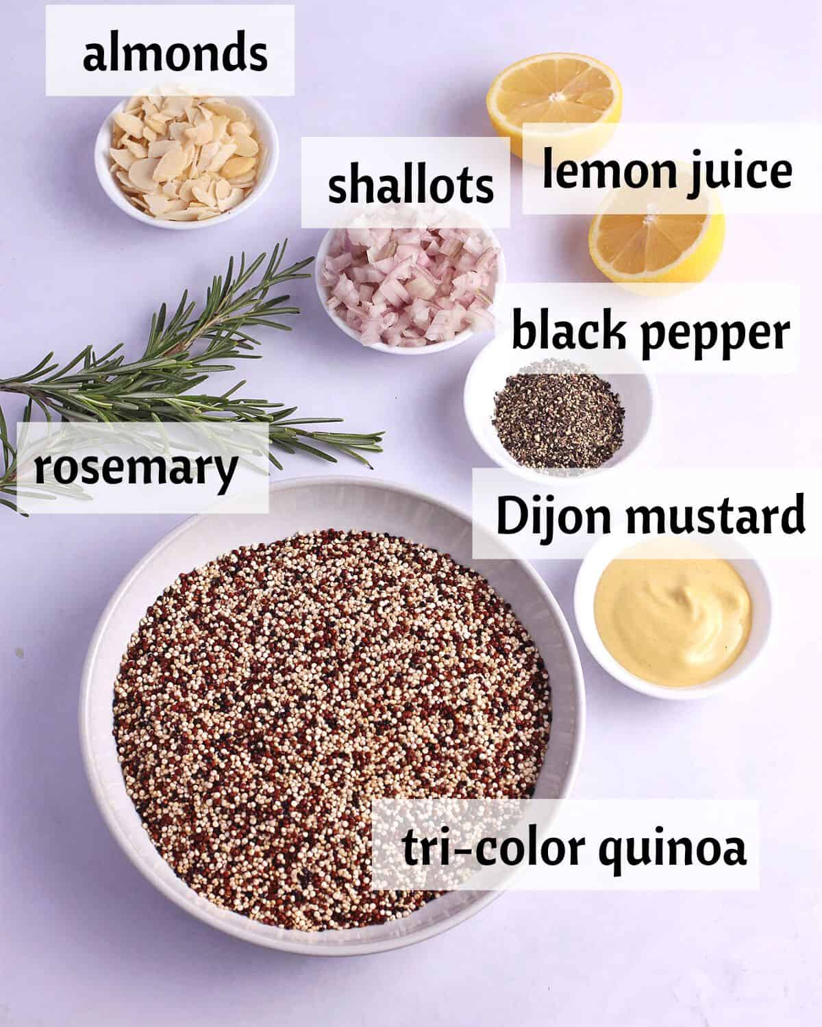 The ingredients for tri-color quinoa with labels.
